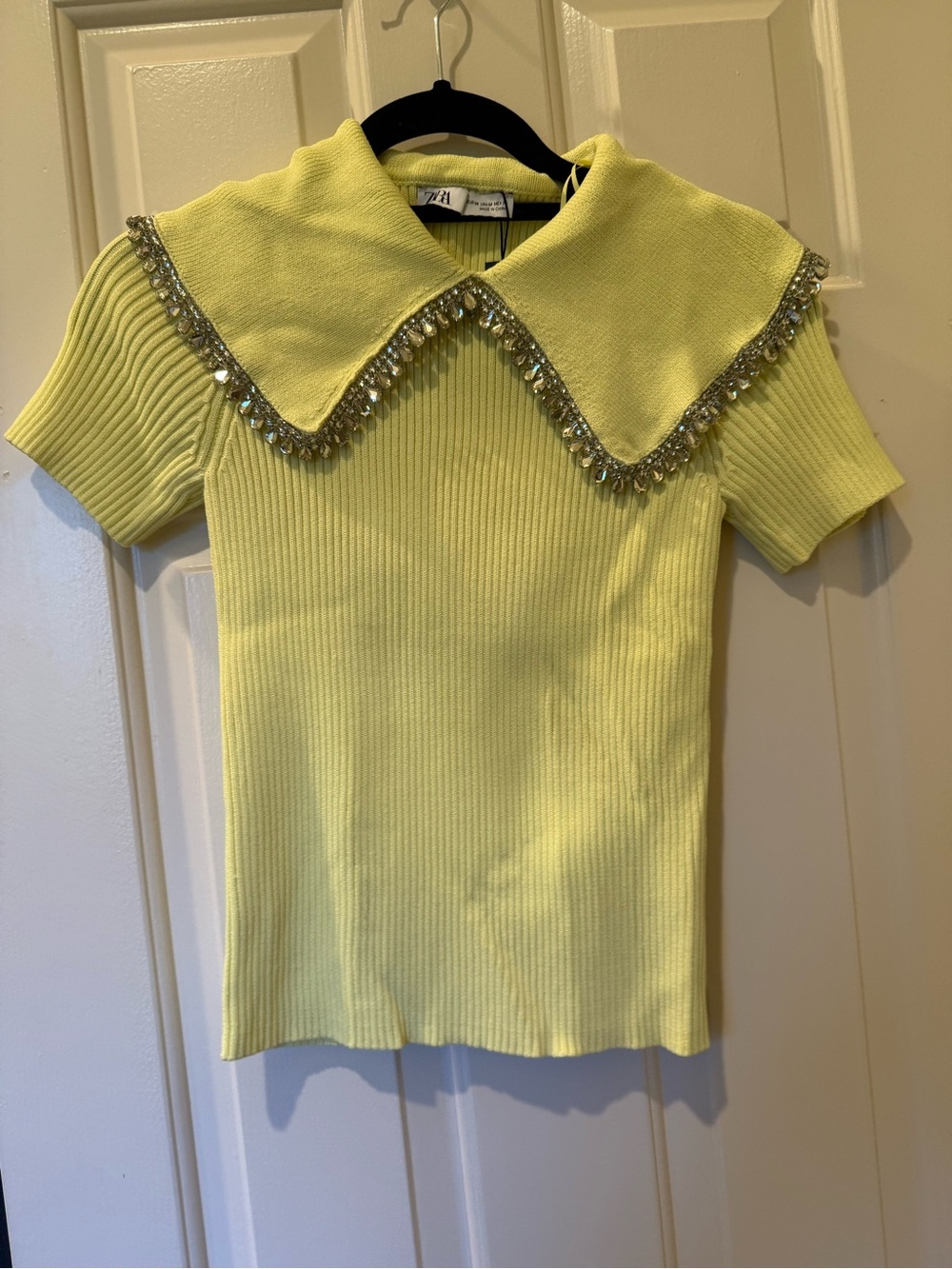 Zara Lemon Yellow Ribbed Short Sleeve Top with Jeweled Collar